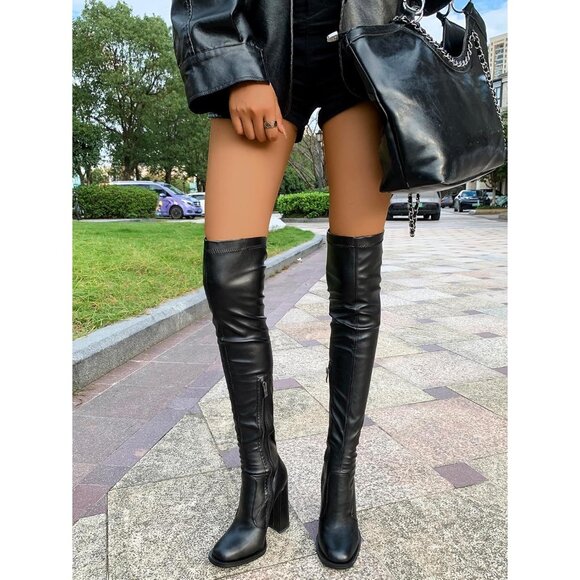 🆕Women Black Leather Over The Knee Thigh High Chunky Heel Pointed Toe Long Boot - Picture 4 of 9